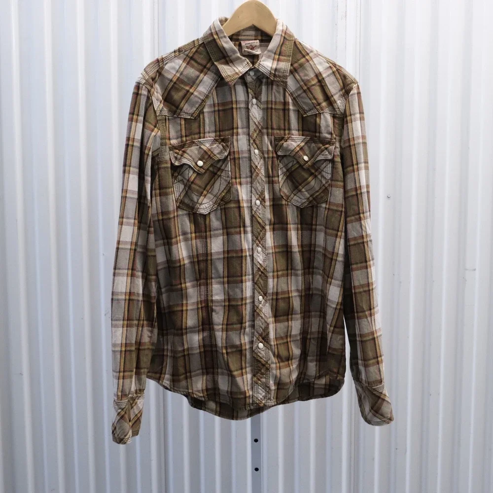 True Religion Western Shirt Mens Large Plaid Good Pearl Snap Horseshoe Pocket